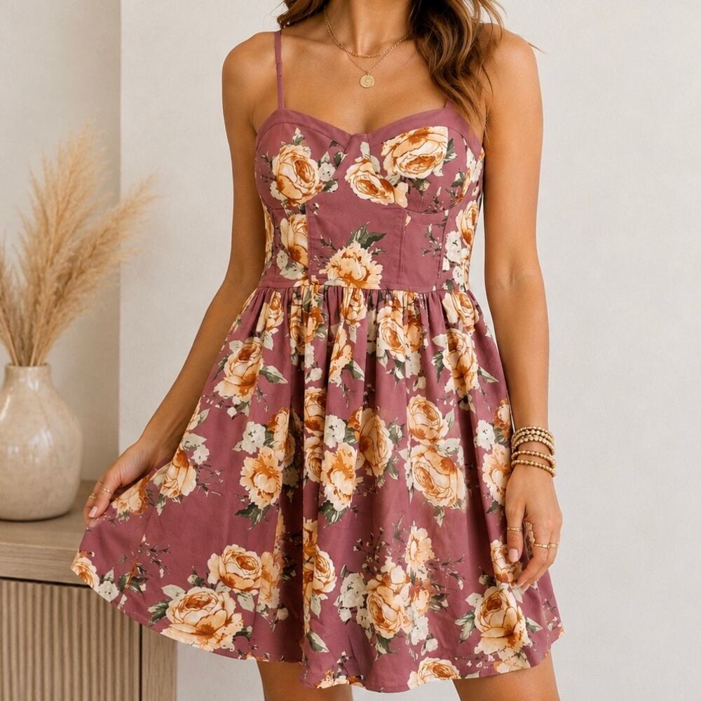 BAND OF GYPSIES | Floral Bustier Mini Dress Mauve Rose NWT | Size Medium